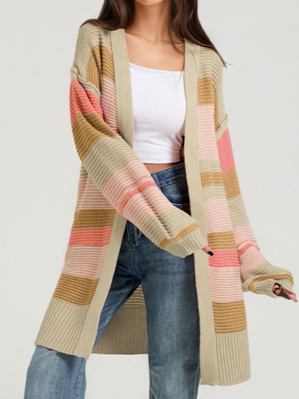 ♥️Hello Gorgeous! Striped Open-Front Cardigan Sweater - Khaki/